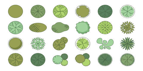 Set of top view tree icons for landscape architecture design and garden planning with various green shapes © GraphixEra