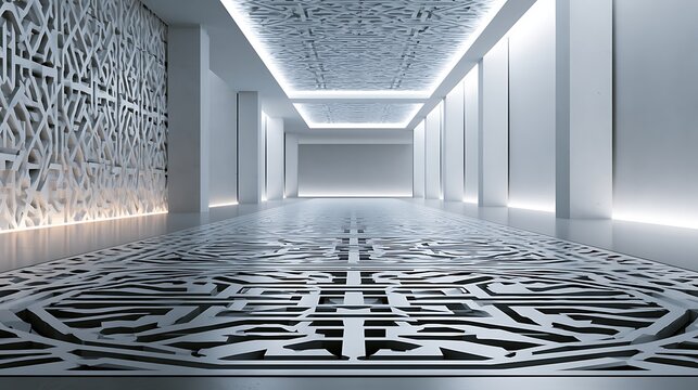 modern interior design with geometric patterned floor and ceiling