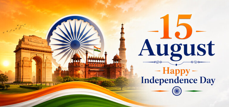15 august happy independence day with india gate red fort qutub minar and ashoka chakra