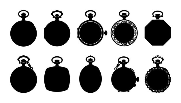Vintage Pocket Watch Silhouette Pack Collection Featuring Ten Detailed Antique Timepiece Designs