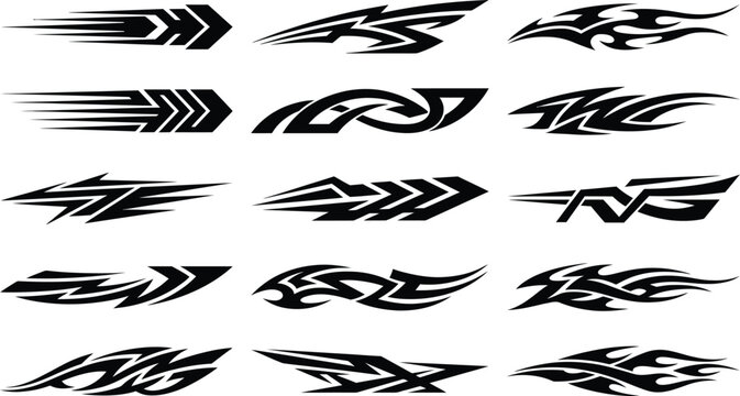 Collection of fifteen black tribal and flame-style decals on white background, sticker automotive