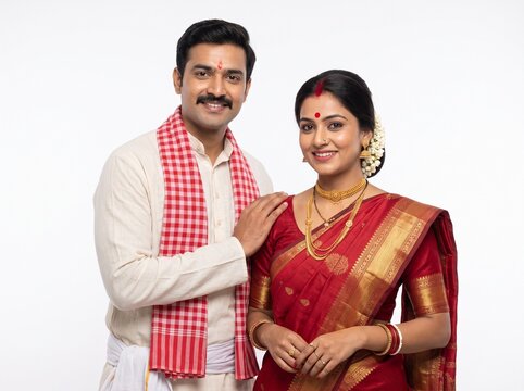 Smiling Bihari Couple in Traditional Attire on White Background