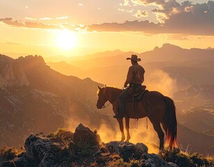 Fototapeta premium A cowboy on horseback surveys a vast mountainous landscape at sunset.