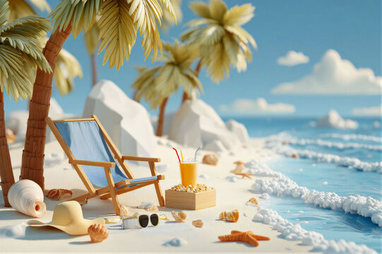 Relaxing tropical beach scene with lounge chair and refreshing drink, catoon style