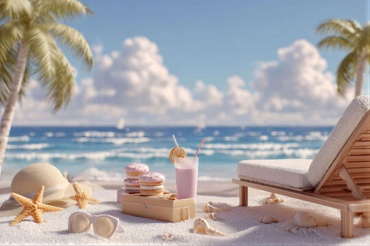 Relaxing tropical beach scene with lounge chair and refreshing drink, catoon style