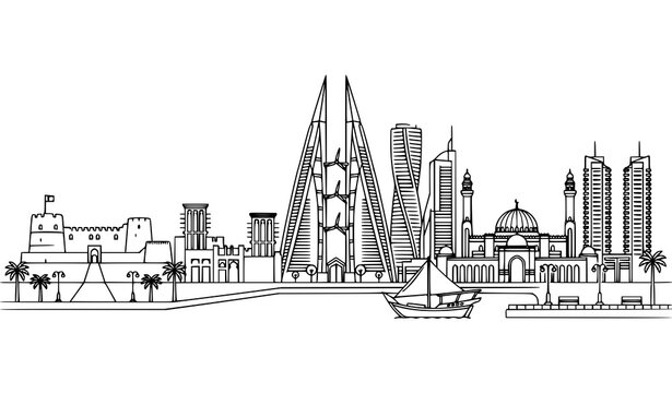 Black and White Bahrain Landmark Panorama Vector Illustration for Travel and Tourism