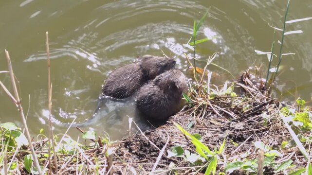 Two baby muskrats gnaw grass on the muddy riverbank among reeds