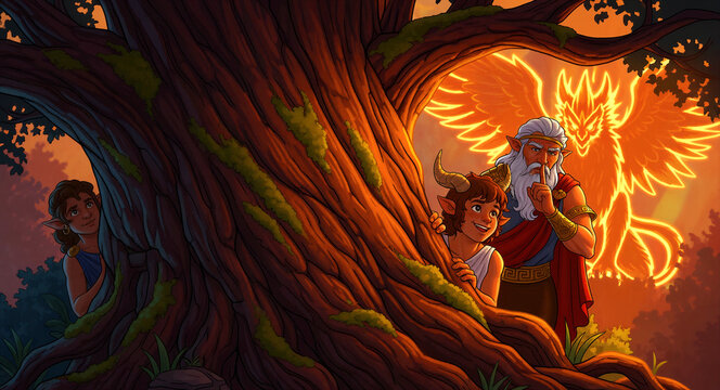 Fantasy characters hiding behind a large mossy tree in a magical forest. A young satyr and elderly elf watch a glowing fire phoenix. Mythological adventure concept for storytelling and gaming.