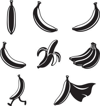 Black Banana Silhouette Vector Set Collection with Ripe Banana Fruit Icons Isolated on White Background