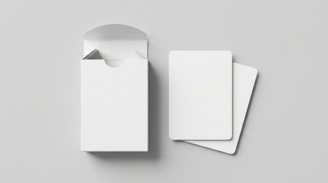 Minimalist white playing card box mockup with blank cards on a neutral grey background providing a clean professional template for game branding and artistic product presentations for active designer
