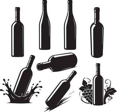 Black Wine Bottle Silhouette Vector Set Collection with Red Wine Champagne Beverage Bottles Isolated on White Background