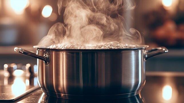 steaming pot on stove, boiling water vapor rising