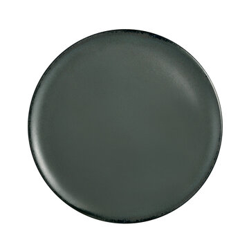 Empty dark green round ceramic plate with textured stoneware finish isolated on white background