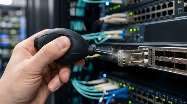 Close up view of a system administrator hand using a black rubber air blower bulb pump to clear dust from a data center server rack network switch.