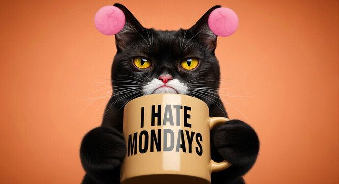 Grumpy tuxedo cat holding a mug that says I Hate Mondays. The black cat has yellow eyes and pink pom-poms against an orange background. Funny morning routine concept for office humor.