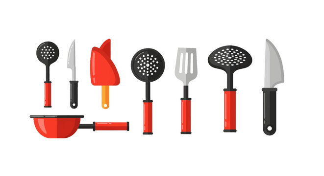 Collection of kitchen utensils including red frying pan, chef knives, slotted spatulas, and skimmers in a flat vector style isolated on white background for culinary design.