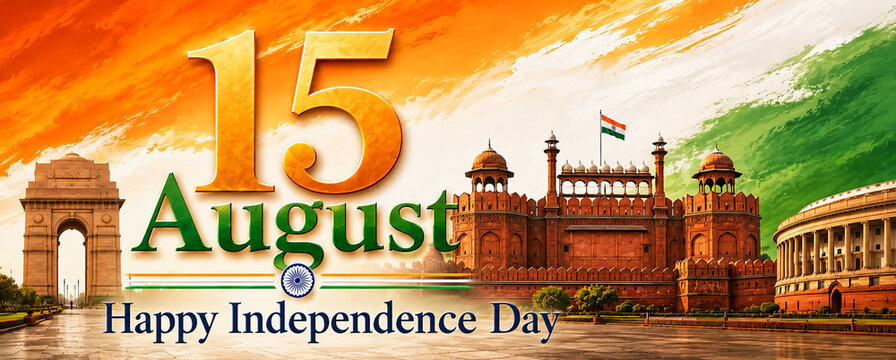 15 august happy independence day with red fort india gate and Parliament banner 