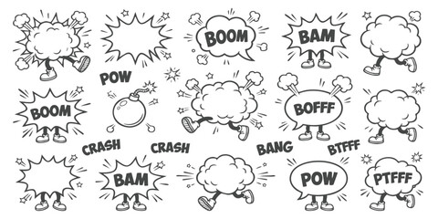 Set of funny comic book style speech bubbles with legs and arms and action words for creative design projects © GraphixEra