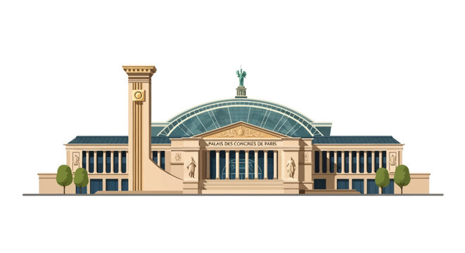Architectural vector illustration of the Palais des Congr&egrave;s de Paris convention center featuring a central glass dome, classical columns, and a clock tower pylon on a white background.