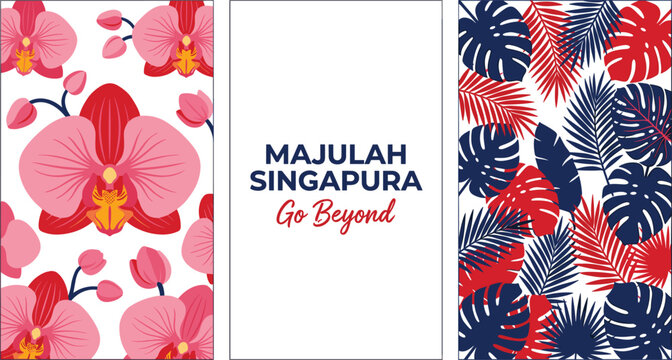 Singapore national day celebration banner background template set with tropical orchid flowers monstera leaves and typography.eps