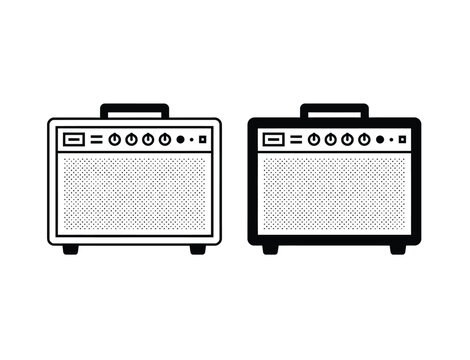 音楽機器およびオーディオギアの概念のための、クラシックなコンボスピーカーを特徴とする2つのミニマリストな白黒のギターアンプのセット
