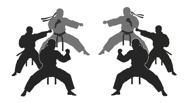 Silhouette collection of six martial arts fighters in combat stances, including karate kicks and kung fu blocks, wearing traditional gis and headbands, isolated on white background.