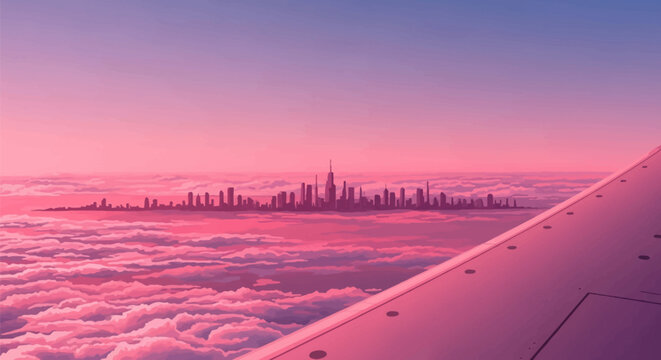 City skyline silhouette emerging from dense pink clouds viewed from aircraft wing perspective; minimalist digital art of urban horizon above cloudscape at sunset.