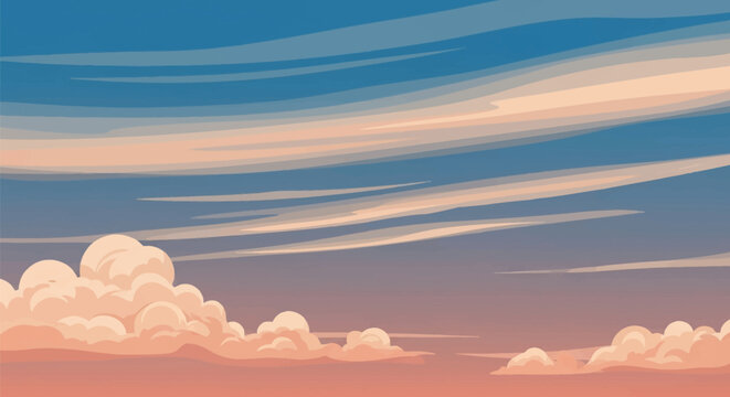 Stylized vector illustration of a sunset sky featuring blue horizontal wispy clouds above and fluffy peach-colored cumulus clouds along the bottom horizon in a flat design style.