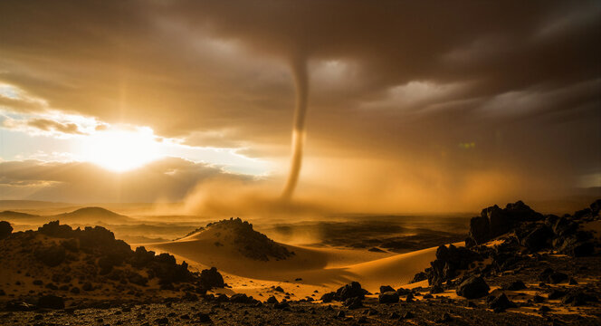 Large tornado touching down in a desert at sunset. Swirling dust funnel moves across sand dunes under dramatic storm clouds. Extreme weather concept for climate change and power of nature themes.