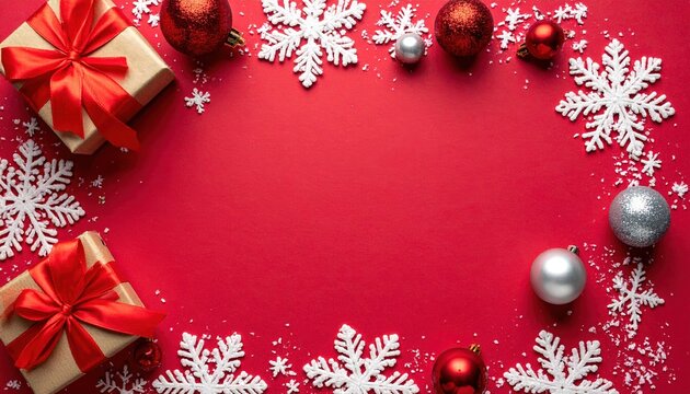 Christmas red border frame: A holiday greeting card background featuring white snowflakes, a red ribbon gift box, and metallic baubles on a rich red paper background.