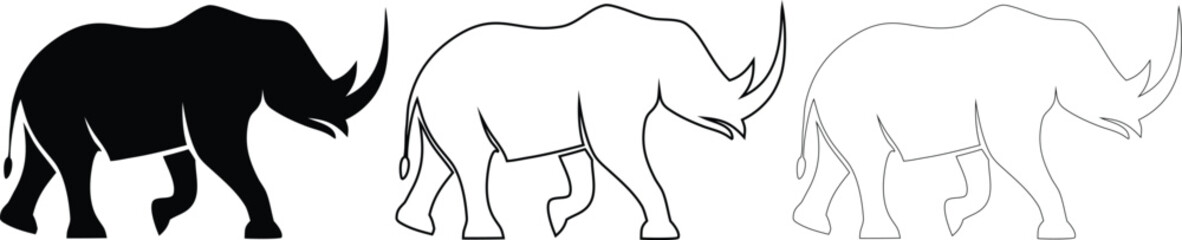Vector set of rhinoceros silhouettes walking side view in solid black and linear outline styles © Nasima
