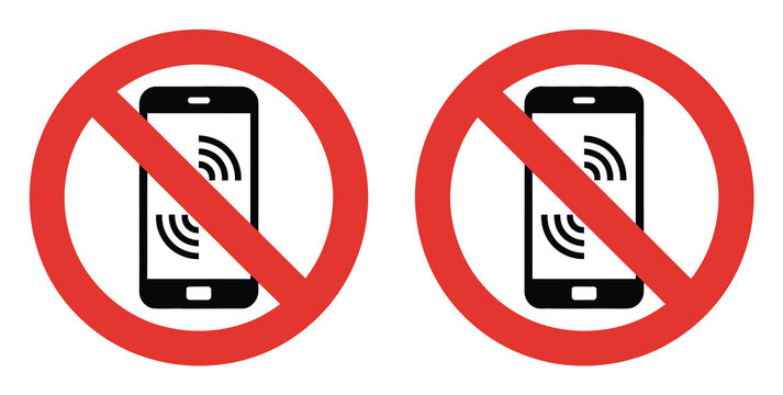 携帯電話やワイヤレスの使用が禁止されていることを示す、Wi-Fi信号シンボルの付いた黒いスマートフォンを特徴とする2つの赤い円形の禁止サイン