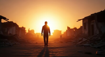 Fototapeta premium Lone Figure Walking in Dramatic Sunset Over Ruined Landscape