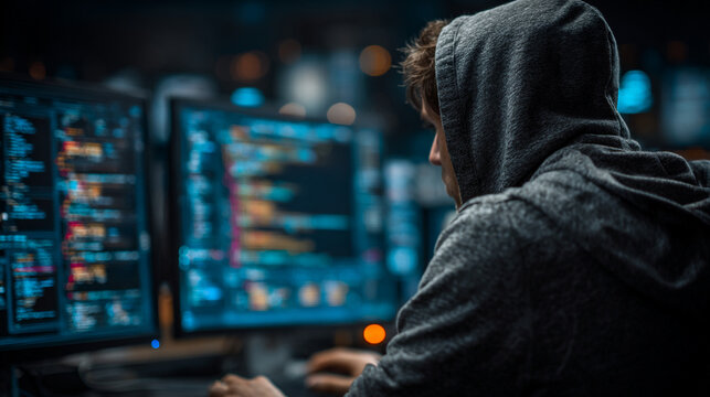 Cybersecurity expert analyzing hacking threats on multiple screens. IT professional monitoring network vulnerabilities and digital attacks in dark...