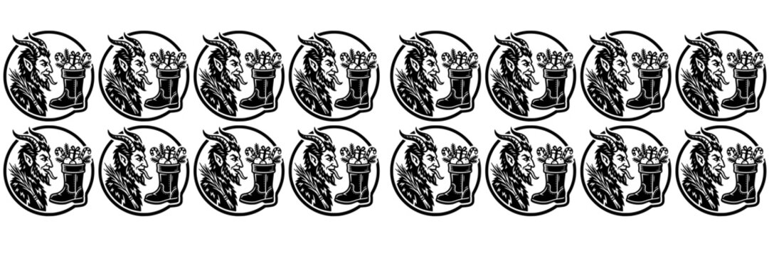 Krampus Horned Demon and Christmas Boot Filled with Gifts in Circular Vintage Woodcut Style Vector