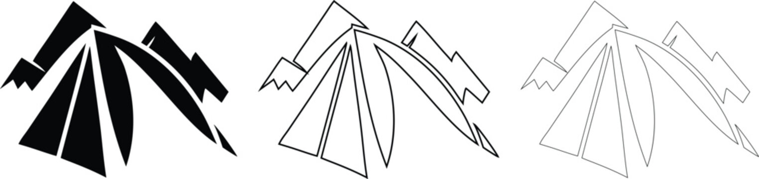 Set of Mountain Camping Tent Icons in Flat Silhouette and Line Art Design