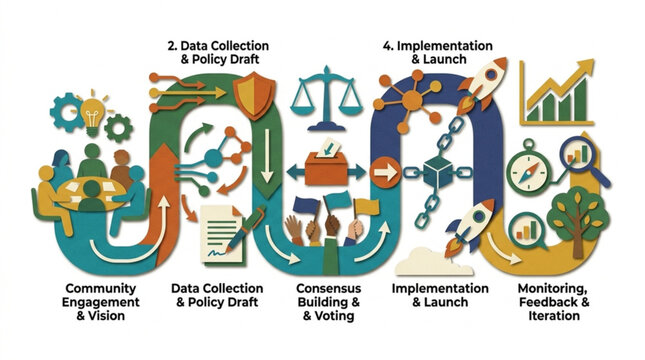 Illustration of data collection policy draft process with icons representing stages and processes of team collaboration and project management