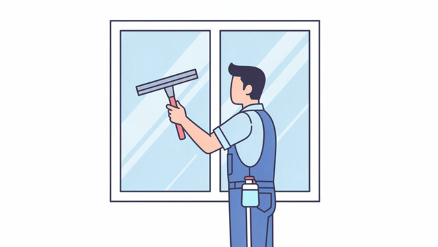 Cleaner in uniform washing window with squeegee in bright modern home