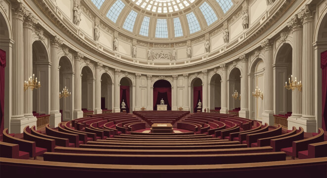 2D vector illustration of a neoclassical parliamentary hemicycle chamber featuring tiered red seating, Corinthian columns, statues, and a domed ceiling with a large architectural skylight.