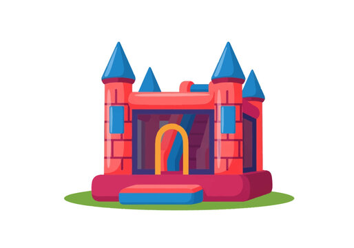 Colorful inflatable bouncy castle for children's playground featuring red walls, blue turrets, internal slide, and yellow arched entrance isolated on a white background.