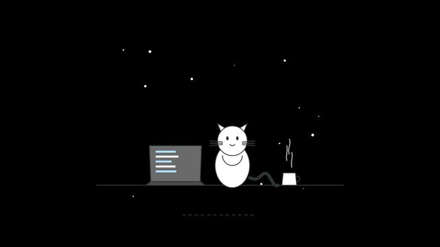 Minimalist Cartoon Cat Coding on Laptop at Night with Coffee