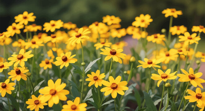 Field of blooming yellow coreopsis flowers in a summer garden. Close-up view of bright petals and dark centers with green stems against a soft bokeh background in natural light.