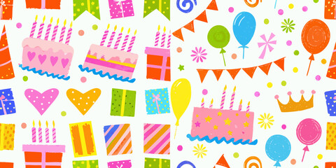 Obraz premium Birthday Cakes Balloons And Gifts Vector Pattern On White Background