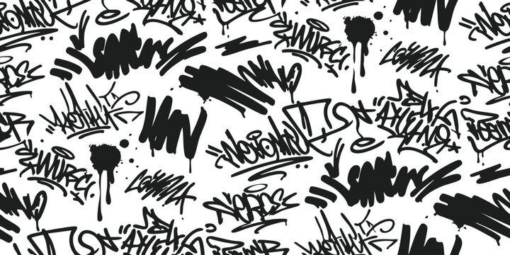 Black and white seamless pattern with street art graffiti tags and messy ink splatters for urban background