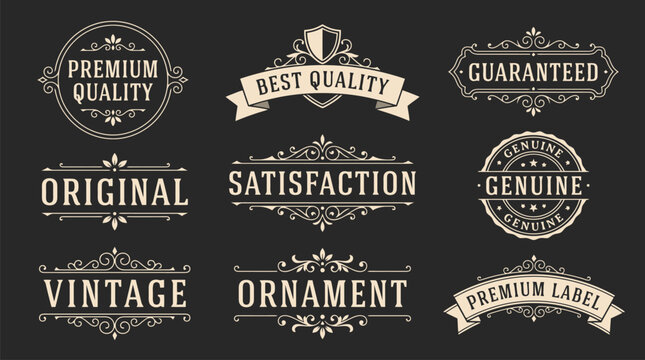 Vintage premium labels and ornate frames set, retro quality badges with elegant filigree, 9 vector design elements for luxury branding and product packaging