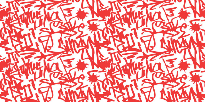 Seamless pattern with red graffiti tags and abstract street art style symbols on a bright clean surface