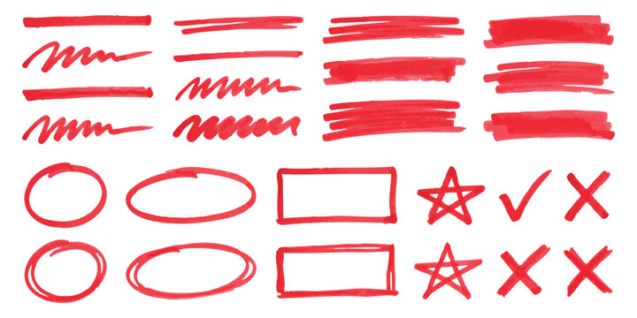 Set of red marker hand drawn strokes highlights circles frames stars check marks and crosses for design elements