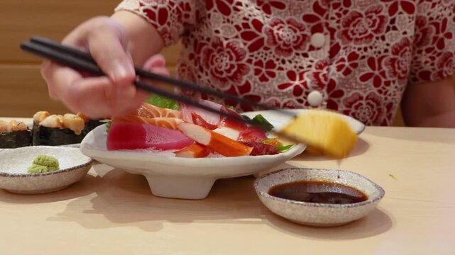 Mixed premium sashimi bowl including salmon, tuna, hamachi and tamago on ice