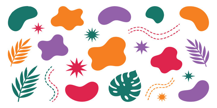 Set of colorful abstract liquid shapes and tropical leaves with fun decorative stars and dashed line elements