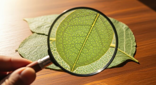 Magnifying glass examining intricate leaf structure on wooden surface
